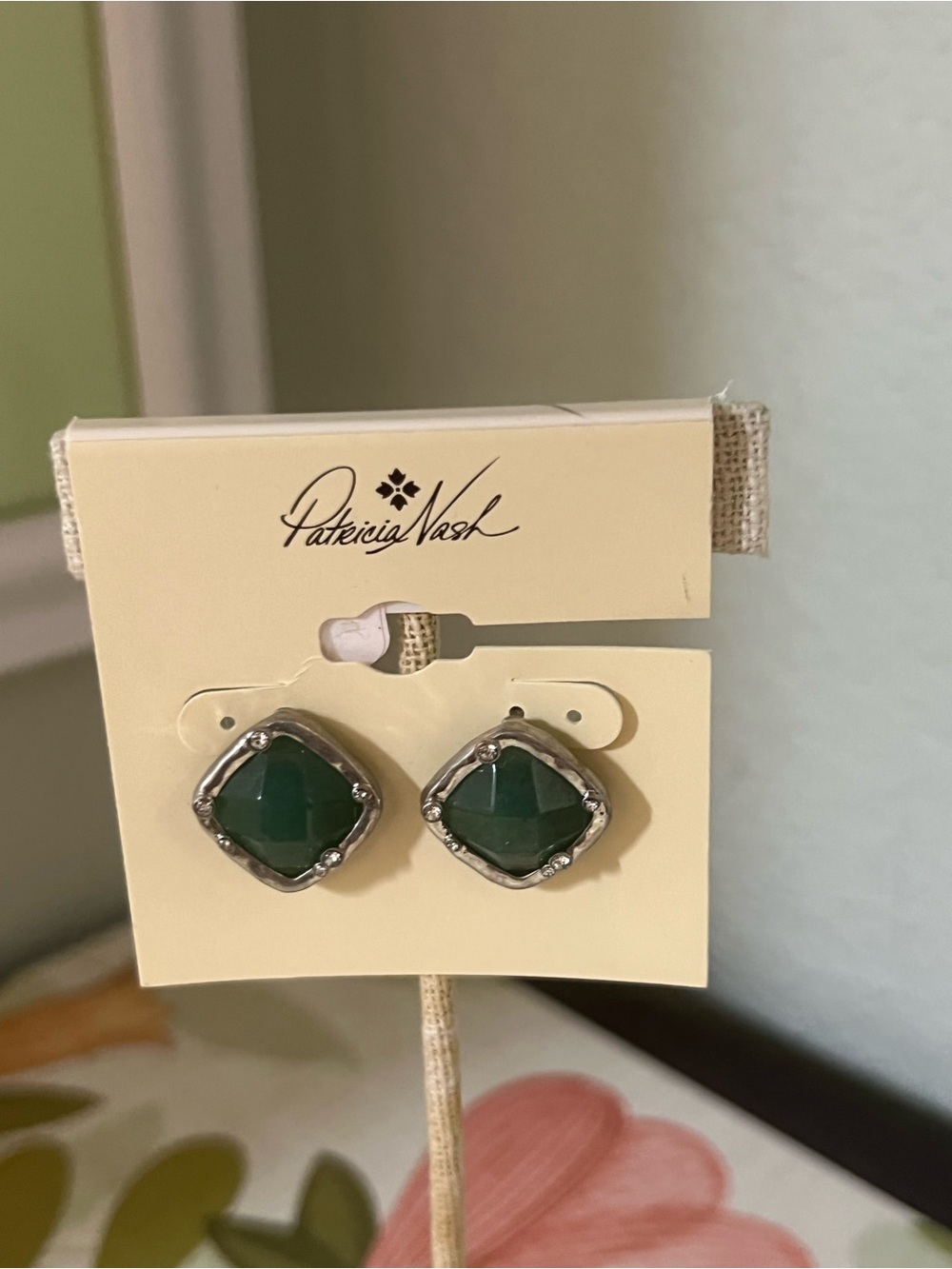 Patricia Nash Emerald Green Faceted Stone Silver-Trim Stud Earrings #PNER